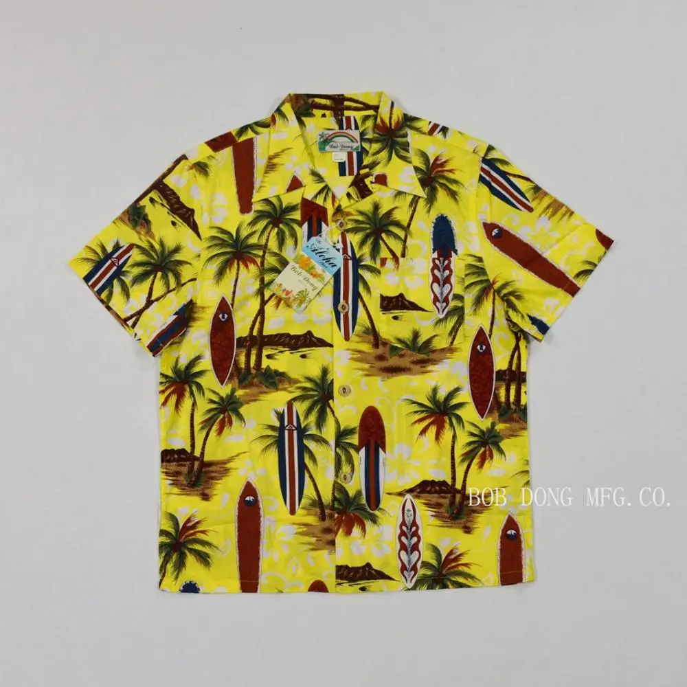 BOB DONG Surfboard Hawaiian Shirts For Men Tropical 100% Cotton Short Sleeve Tee