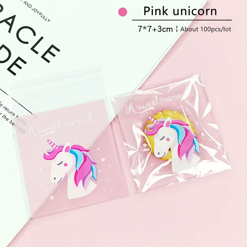 100pcs/lot Mysterious Smiling Unicorn Self-adhesive Goodie Bags Transparent Elegant Cellophane Snowflake Crispy Packaging Bag