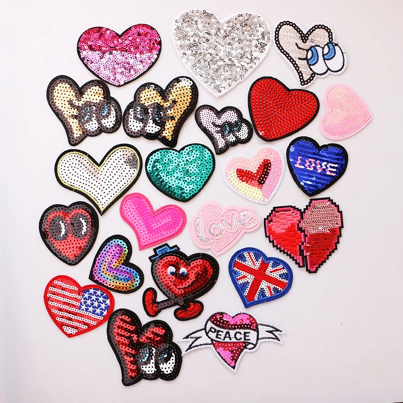 1PCS Sequins heart shaped icon Embroidered Iron on Patches for Clothing DIY Stripes Clothes Patchwork Stickers Custom Badges