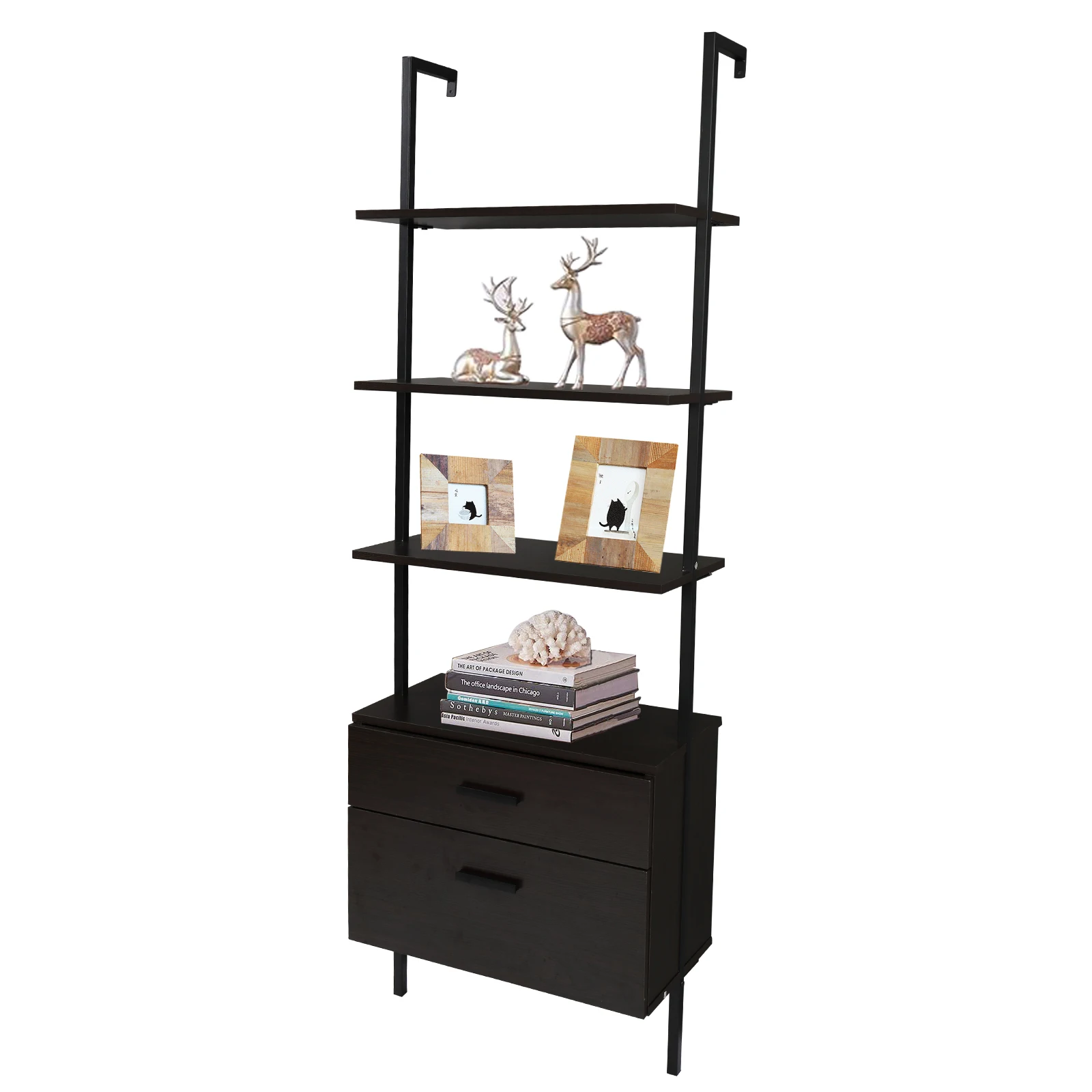 Industrial Bookshelf 5-Layer Wall Rack Storage Shelf with 2 Wood Drawers&Matte Steel Frame Sturdy Construction Easy to Install