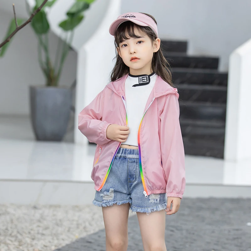 Summer Thin Section Kids Jacket Fashion Boys Windbreaker Coat Rainbow Zipper Hooded Children Outwear Casual Toddler Girl Clothes