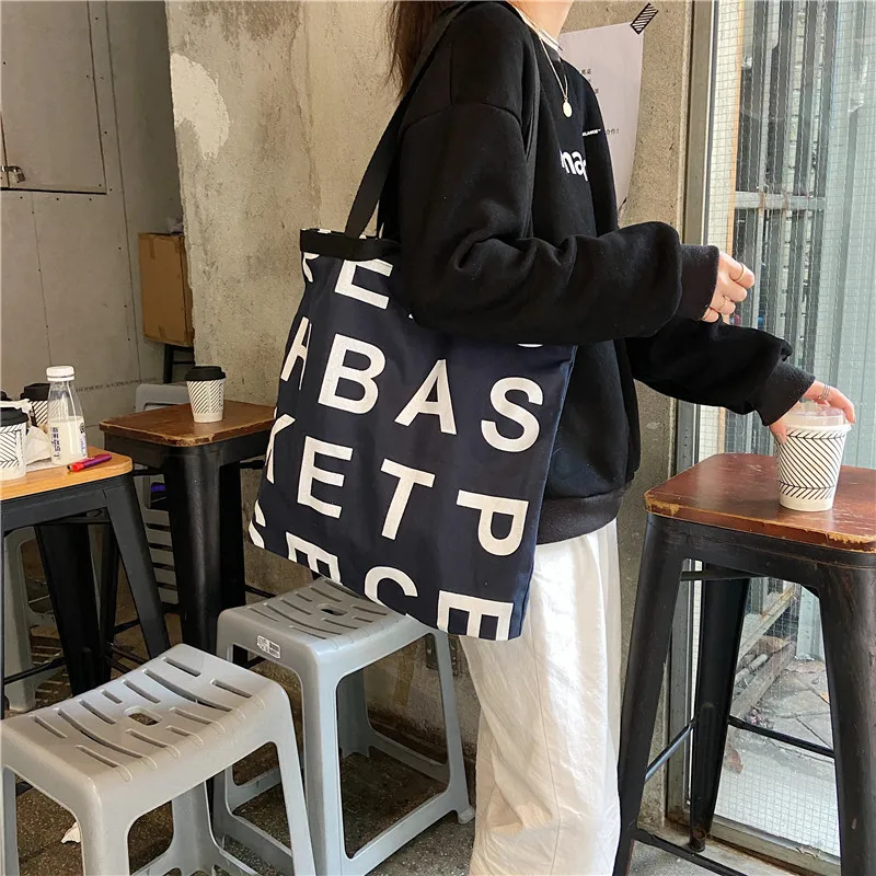 

Female Canvas Letter Shoulder Bag Large Capacity Tote Bags Cotton Cloth Shopping Handbag Reusable Eco Beach Bags