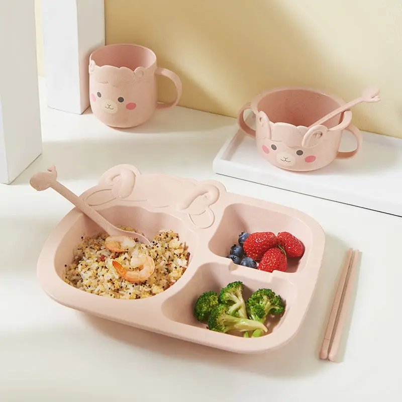 Cartoon baby children training tableware dishes set learning to feed bowls fall resistant environmental protection wheat bowlcup