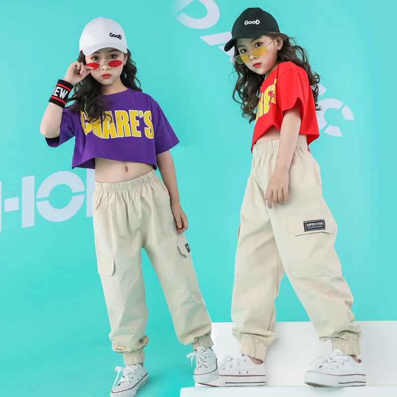 Children Ballroom Dancing Clothes Cool Hip Hop Clothing Loose Casual Pants Crop Top T Shirt for Girls Dance Costumes Dancewear