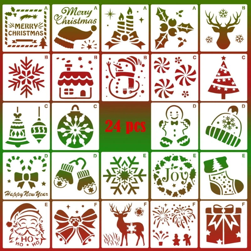 24pcs Small Christmas Drawing Templates Set Resuable DIY Graffiti Stencil 3 x 3 for Home Classroom Wall Door Decorations