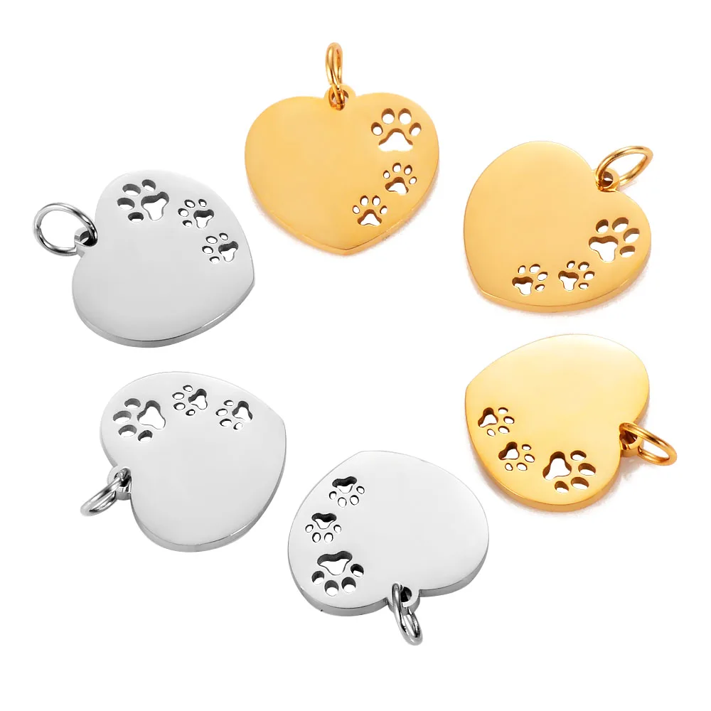 5Pcs Stainless Steel Hollow Pet Dog Paw Mirror Polished Heart Charms Connector DIY For Jewelry Making Findings Wholesale