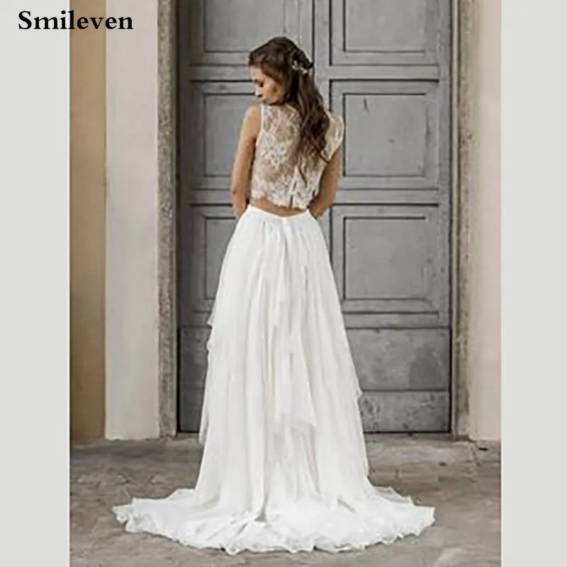 Smileven  Boho Wedding Dress 2 Pieces Sleeveless Sexy Lace Beach Bride Dresses Train Elegant Chiffon Wedding Bridal Gowns