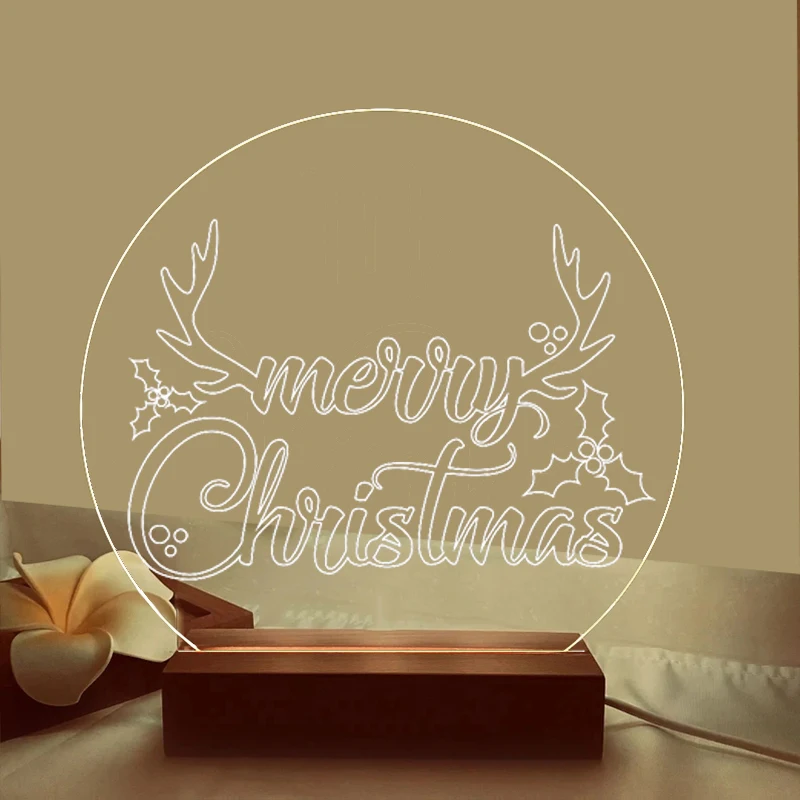 

Merry Christmas Acrylic Plaque Laser Engraving Jewelry Accessory USB LED Night Base Light 3d Elk Table Lamp for Christmas Gift