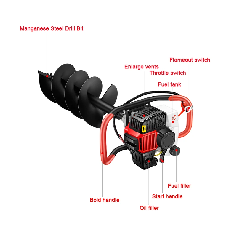 78CC 9800r/min 3800W two stroke multi-function gasoline drilling machine, used for planting/ice surface/digging holes