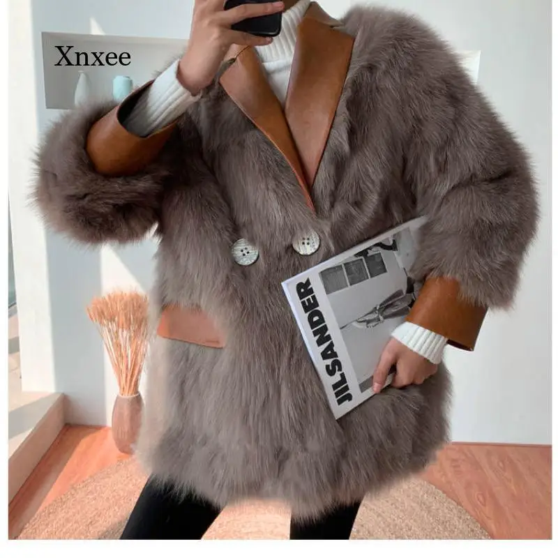 

2021 Women's Fashion Faux Fur Coat Fall/winter Pu Stitching Faux Fox Fur Jacket Women's Long Sleeve Jacket