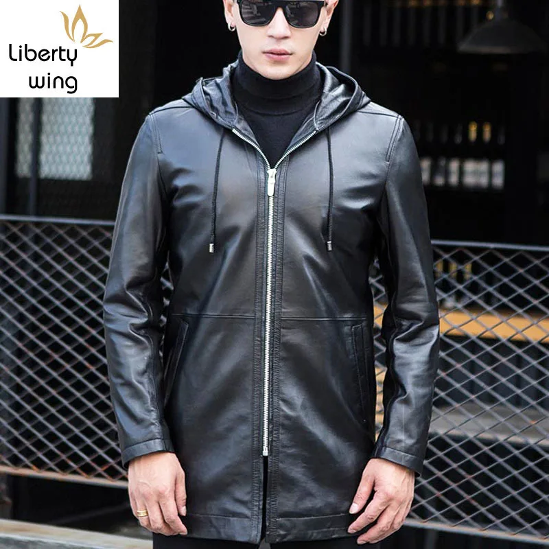 

New Arrival Mens Hooded Long Sheep Skin Genuine Leather Jackets Jaqueta De Couro Motorcycle Blouson Cuir Homme Male Coat