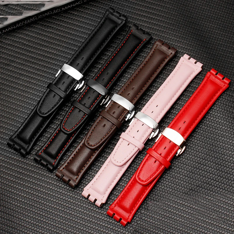 17mm 19mm strap for swatch band Genuine Calf Lea-ther Watch Strap Band Black Brown White Waterproof High Quality