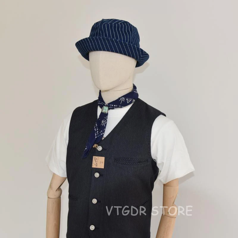 BOB DONG Vintage Wabash Stripes Indigo Bucket Hats Workwear Railroad Caps Unisex