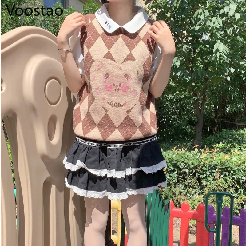 Japanese Sweet Lolita Style Cute Bear Knitted Pullovers Autumn Women Kawaii Cartoon Loose JK Sweater Vest Girly Chic Waistcoat