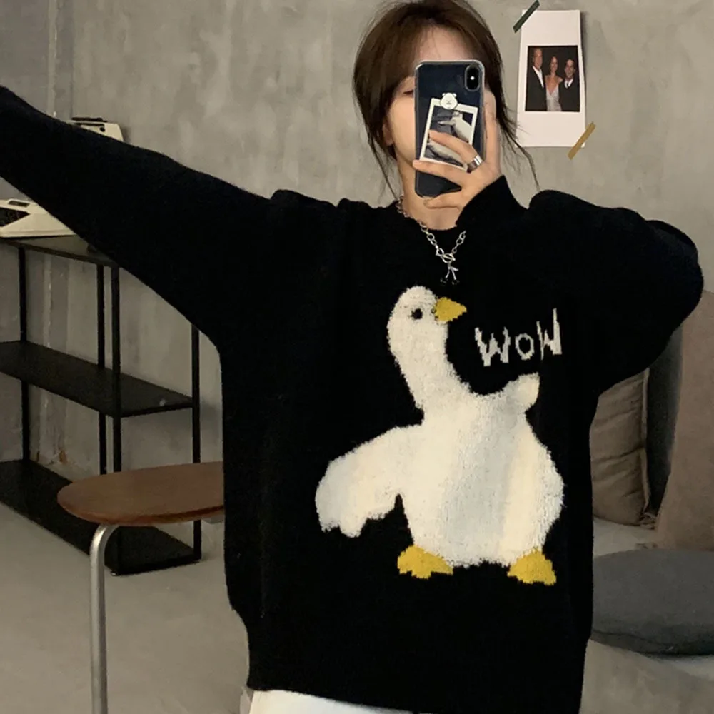 Korean Style Casual Round Neck Pullover Oversize 2XL Japanese Women Sweet Lovely Winter Cartoon Goose Printed Knitted Sweater