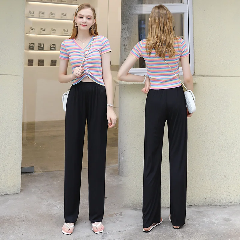 Slacks Women Loose Pants Summer Soft Ice Silk Ankle Length Solid Wide Leg Pants Pink Grey Women High Waisted Trousers 2021 New