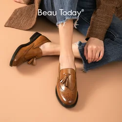 BeauToday Brogues Loafers Women Genuine Calf Leather Shoes Fringe Waxing Round Toe Slip-On Lady Footwear Autumn Handmade 27188