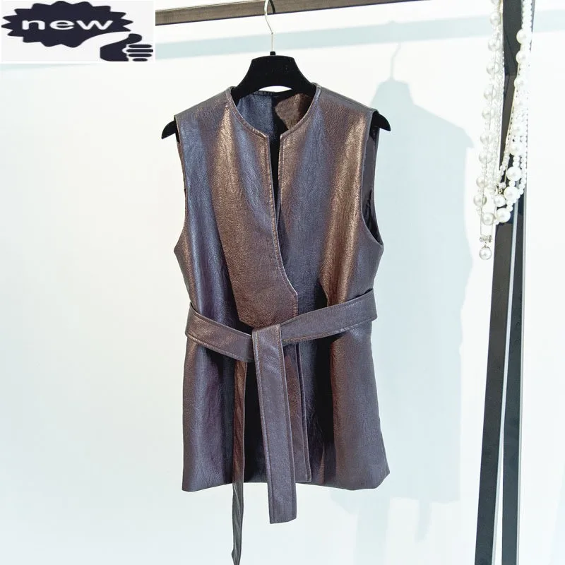 

Новая Осенняя женская обувь из Pu искусственной кожи: Топ без рукавов с поясом на шнуровке без рукавов из искусственного кожаные пальто узкого кроя с круглым вырезом Женская верхняя одежда размера плюс 5XL