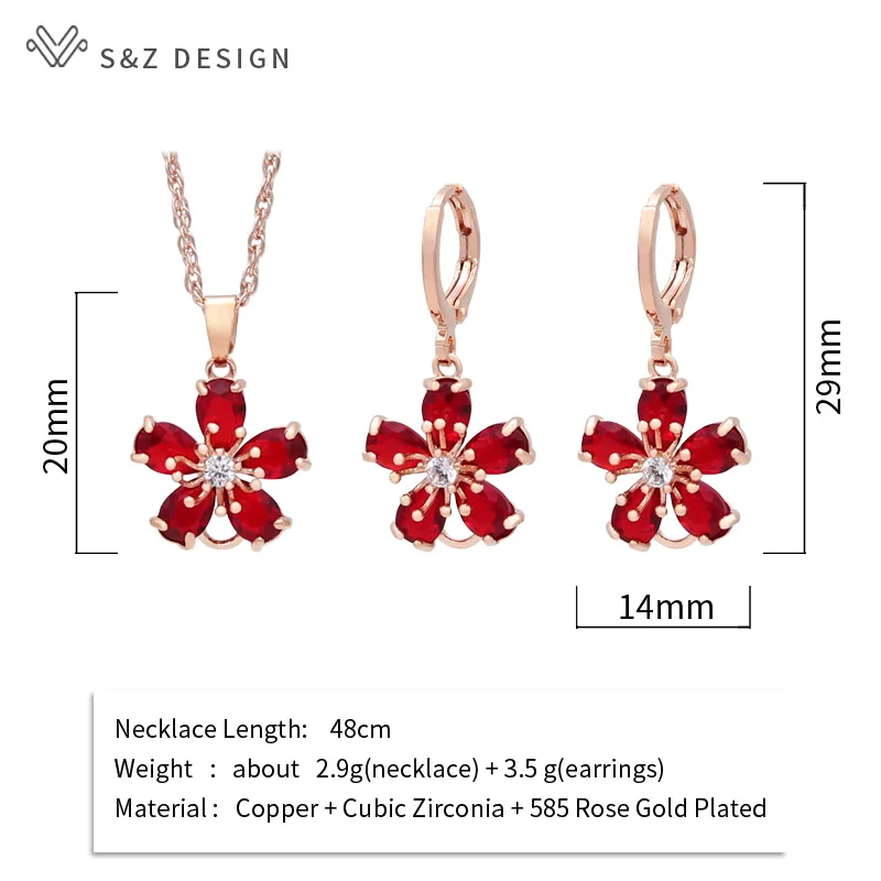 S & Z DESIGN New Fashion simpatici fiori rossi zirconi cubici orecchini pendenti set di gioielli collana con ciondolo per gioielli da sposa da donna