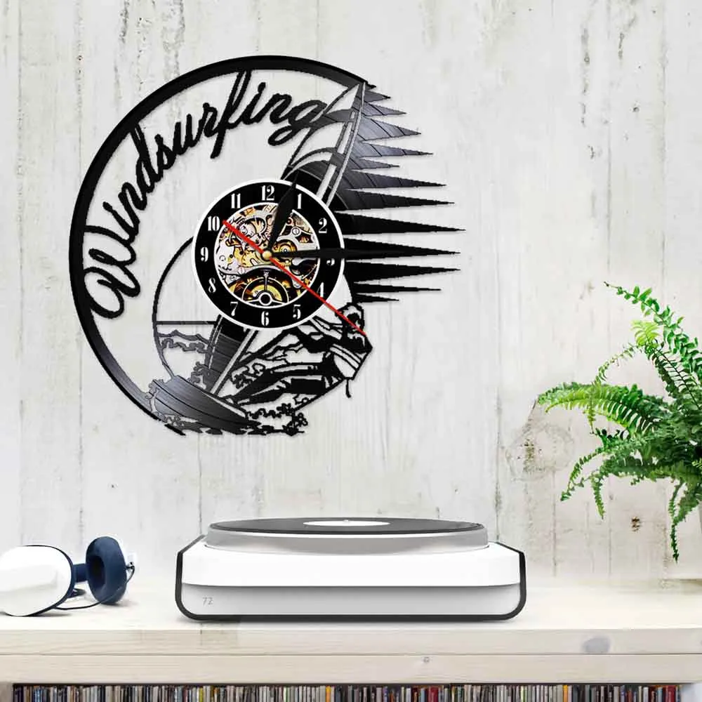 Windsurfing Vinyl Record Wall Clock Summer Time Extreme Water Sports 3D Deco LED Night Light Windsurfers Longplay Home Decor