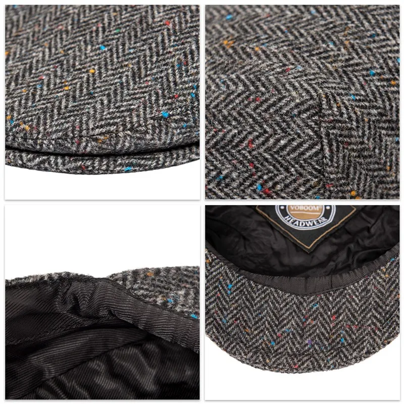 VOBOOM Ivy Cap Herringbone Flat Driving Caps 50% Wool Tweed Scally Hat Bunnet Paddy Dai Cheese-cutter Hats 200