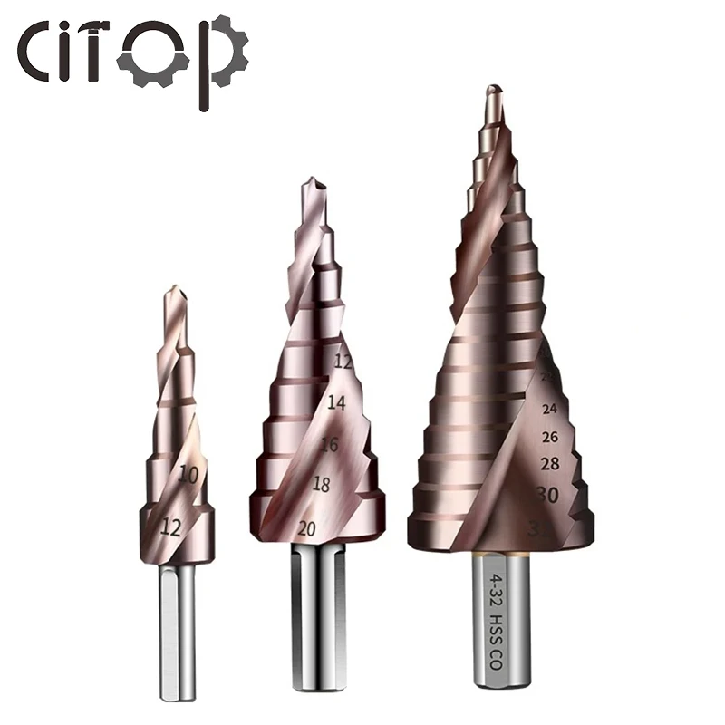 

New Twist Groove Cobalt Metal Step Cone Drill Bit M35 Step Drill 4-12/4-20/4-32mm Spiral Groove Triangle Shank Saw Cutter