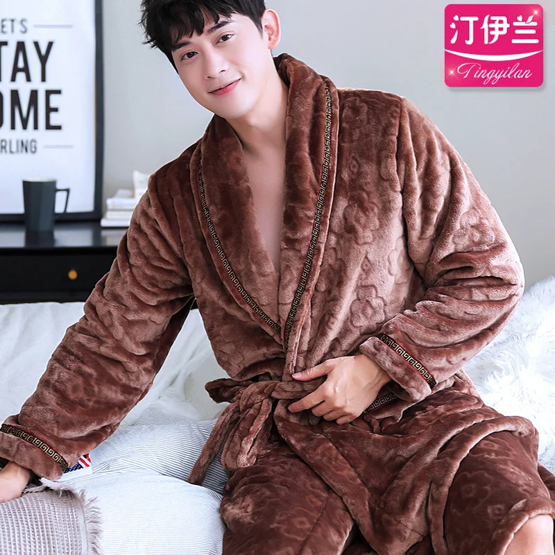 H5957 Men Robes Male Thickened Coral Velvet Autumn Winter Flannel Bathrobe Large Size Long Sleeve Household Clothes Nightwear