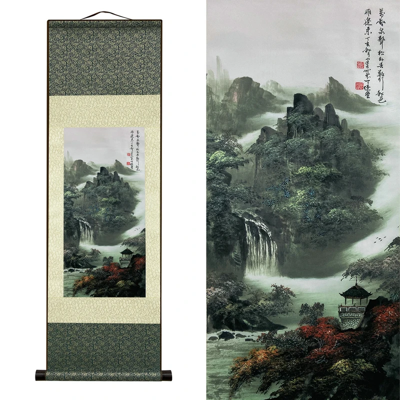 Chinese Style Ink Silk Scroll Painting Silk Reel Rolling Wall Hanging Art for Wall Picture Decoration (39 in x 12 in)