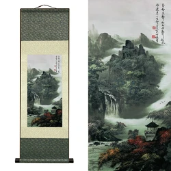 Chinese Style Ink Silk Scroll Painting Silk Reel Rolling Wall Hanging Art for Wall Picture Decoration (39 in x 12 in)