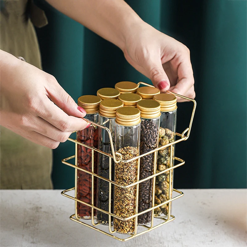 Modern Storage Basket with 9 Aluminum Lid Glass Bottles Golden Metal Shelf Tea Caddy Coffee Beans Candy Jar