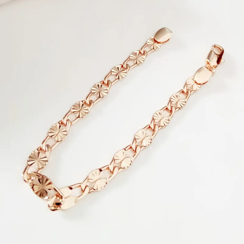 Luxury New  Flower Engraved 6 MM Wide Link Chain Bracelet Designs for Women Elegant 585 Gold Color Jewelry