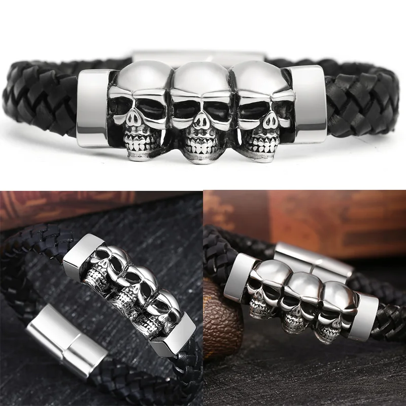 Hyperbole masculino jóias preto trançado pulseiras de couro aço inoxidável leahter pulseiras legal crânio pulseiras masculino pulseira