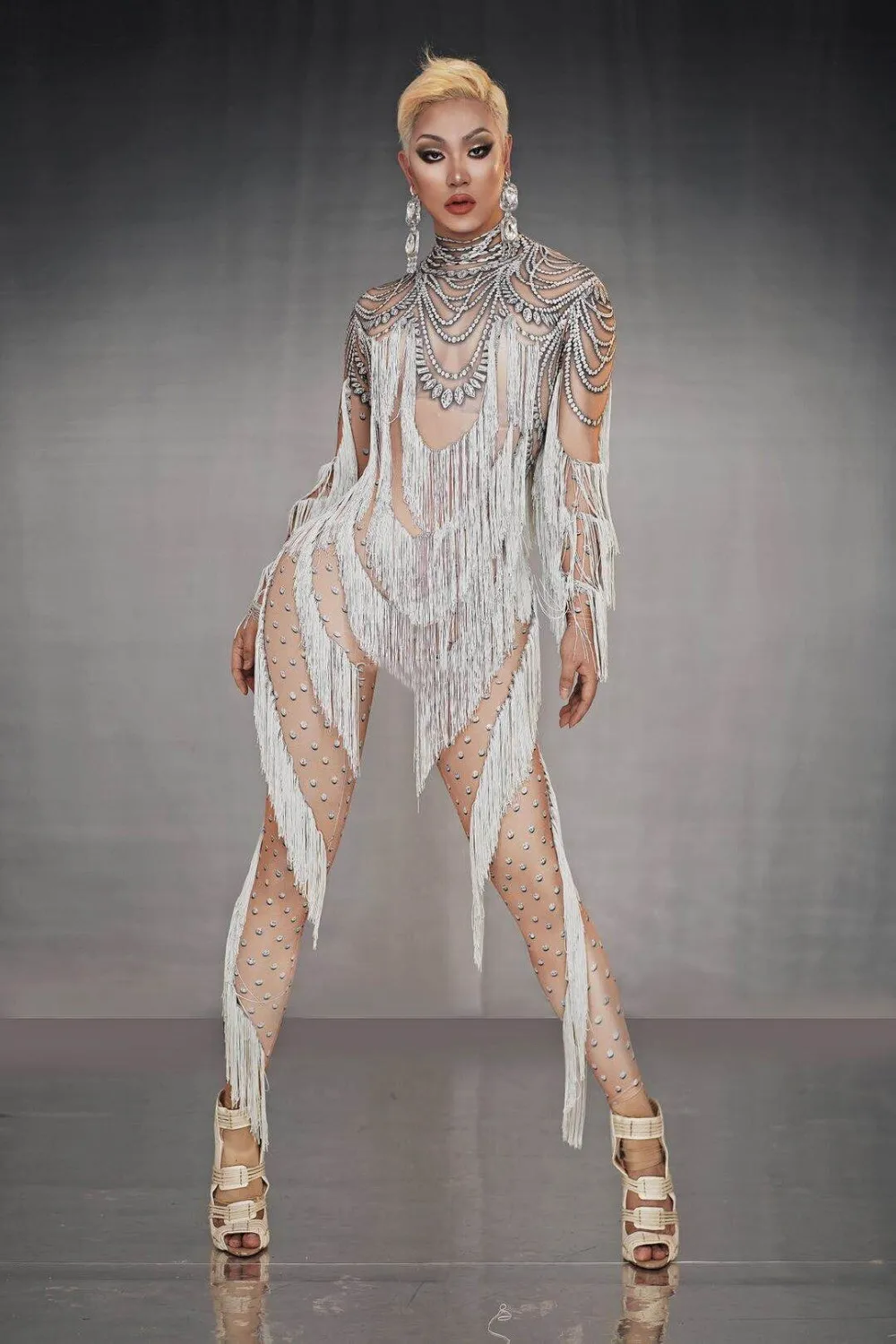 Rhinestone White Tassel Long Sleeves Jumpsuit nude bodysuits Women singer stage show bodysuit