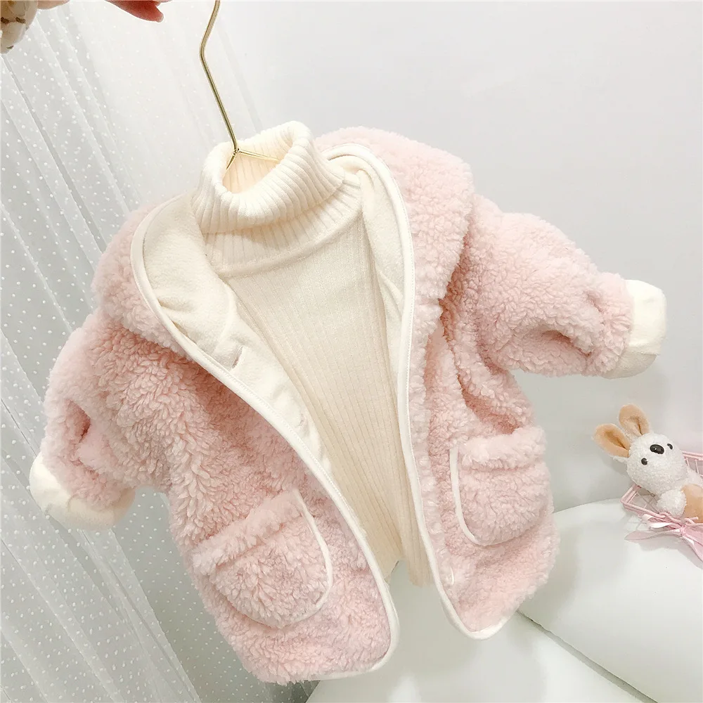 Children's Fall Winter Coat New Girls Cute Rabbit Ears Furry Sweater Baby Kids Pink Fleece Lining Cotton-padded Jacket Clothes