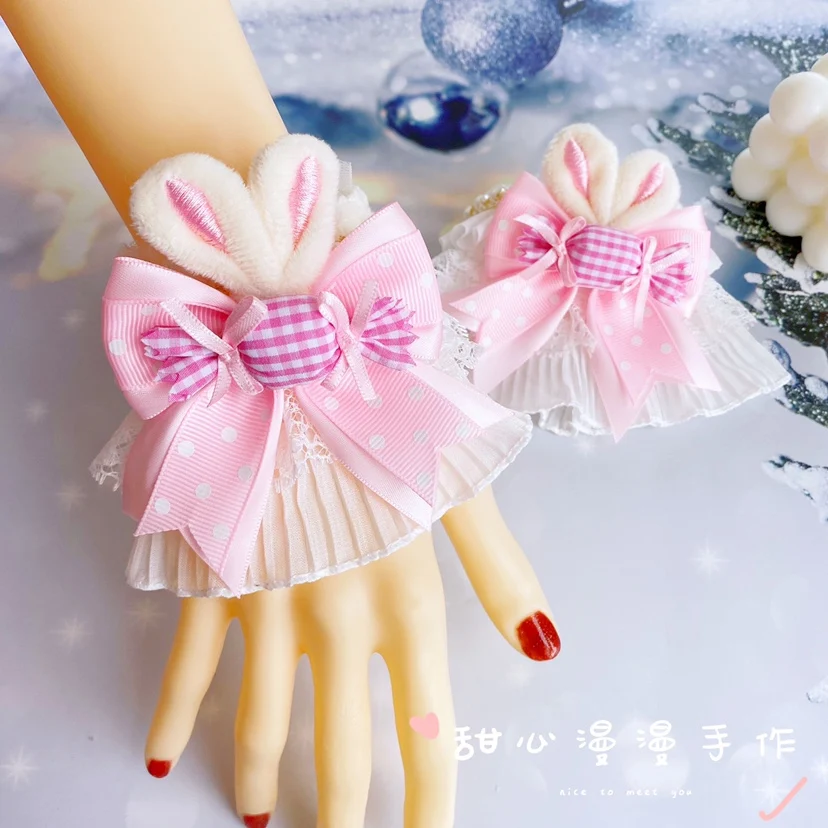 Handmade White Lolita Rabbit Ear Oversleeves Lolita Bow Lace Flower Wedding Women's Bracelet