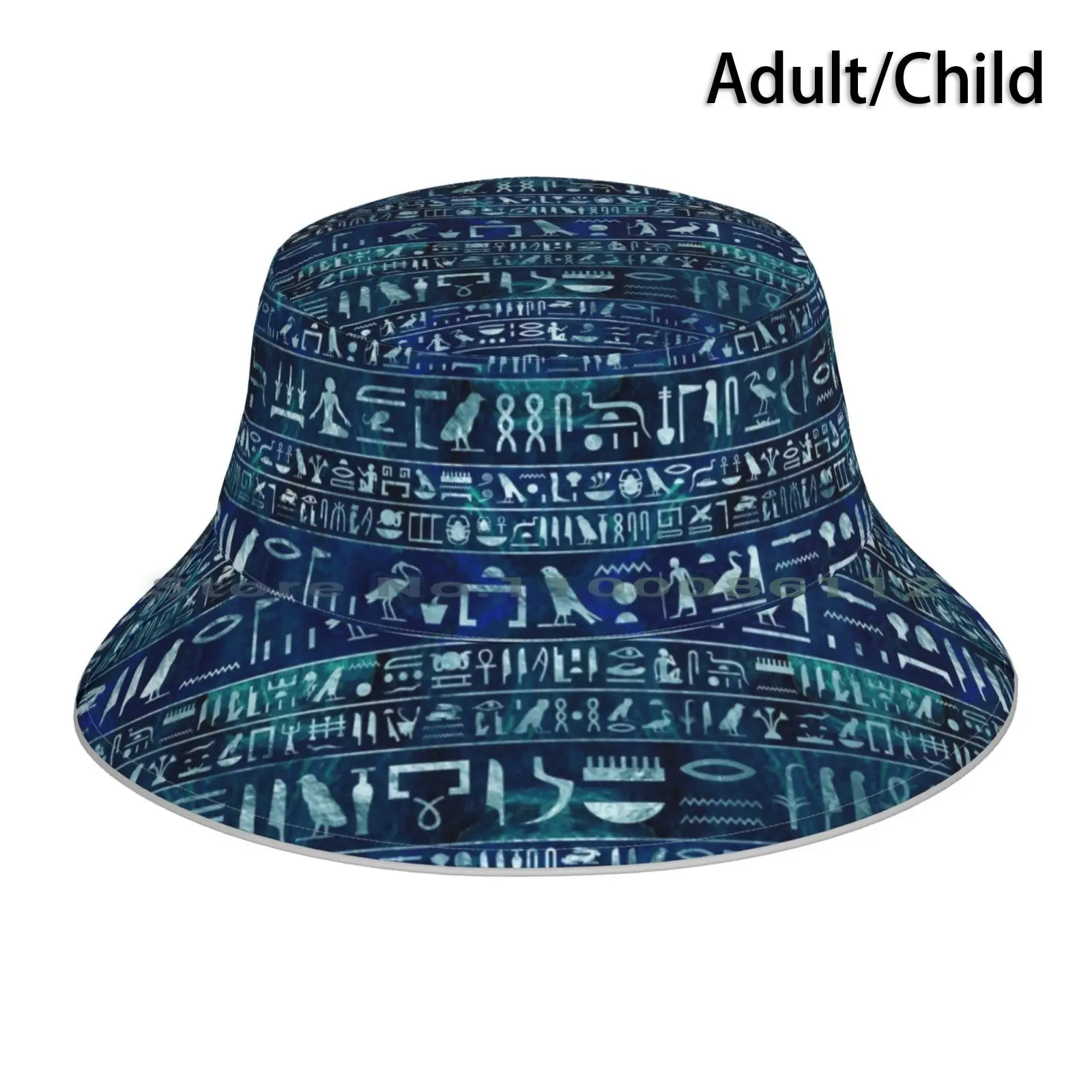 Egyptian Hieroglyphs-Silver On Blue Painted Texture Bucket Hat Sun Cap Egyptian Hieroglyphs Hieroglyphics Silver Blue Painted