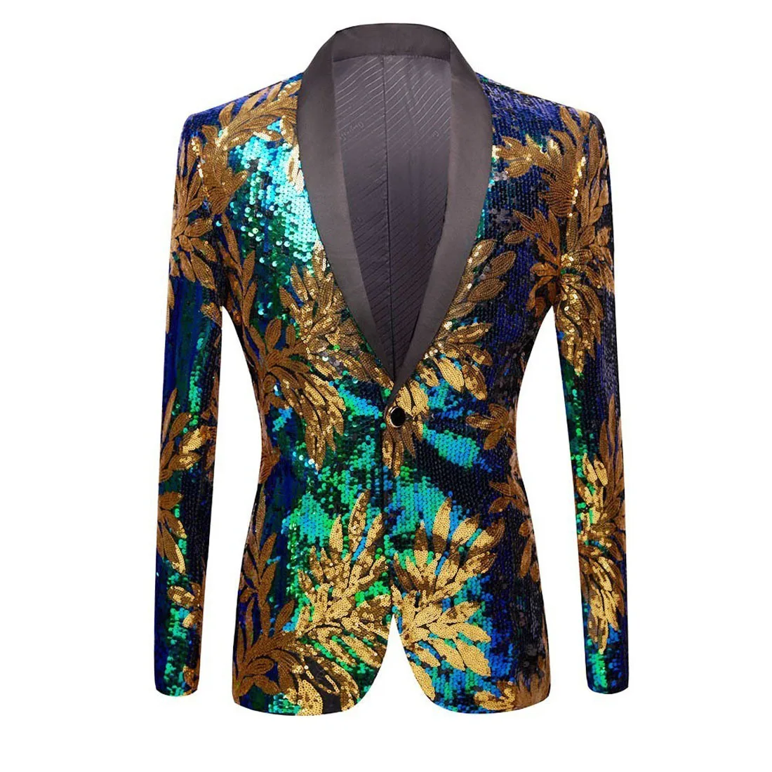 

Evening Party Host Men Stage Glitter Sequins Leaves Pattern Gold Green Blazers Plus Size Shiny Tuxedo Bar Nightclub DJ Singer