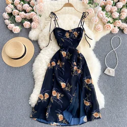 Sexy Lace Up Spaghetti Strap Party Dress Women Vintage Floral Print Sleeveless Split Elegant Summer Beach Holidays Chiffon Dress