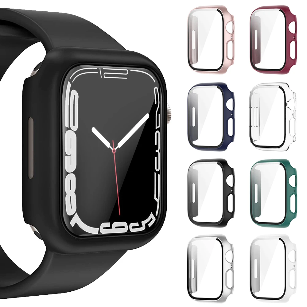 Tempered Glass+Cover for Apple Watch Series 7/8/9 41mm 45mm 360 Full Screen Protector Bumper Frame Matte Hard Case for iWatch456