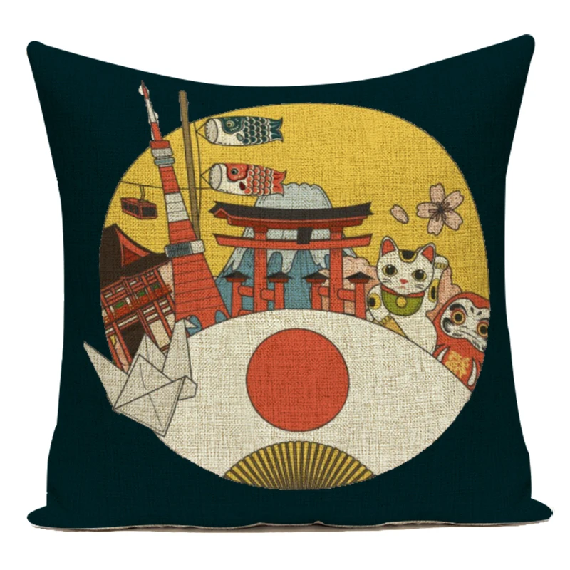 Japanese Culture Pattern Cushion Cover Mount Fuji Pillowcase Sofa Seat Pillow Cases Sea Sunrise Pillow Covers Home Decor