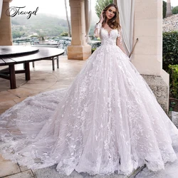 Customized Scoop A Line Lace Wedding Dresses Elegant Applique Long Sleeve Bride Dress Cathedral Train Bridal Gown Plus Size