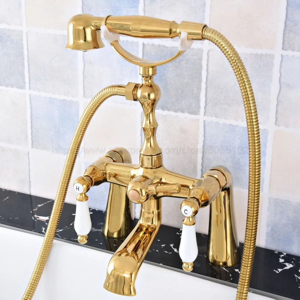 

Luxury Gold Color Brass Telephone Bathtub Faucet Mixer Tap w/ Hand Shower Bath Shower Tub Faucet Dual Handles ztf781