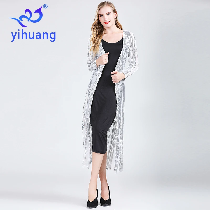 Fashion New Women\'s Clothing Long Sequin Open Front Long Sleeve Mesh Cardigan Blouse Cover Coat Evening Prom Party Tops Gift