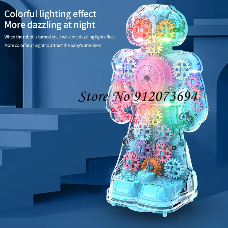 Transparent Electric Gear Robot 22CM Intelligent Walking Dynamic Music Colorful Lights Crash Resistant Auto Steering Kids Robot