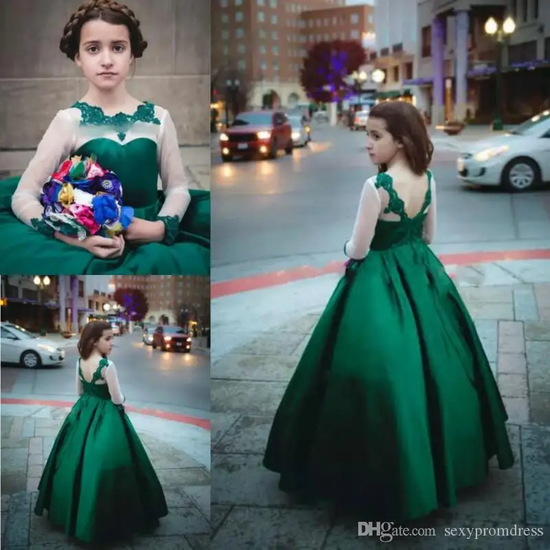 

Dark Green Illusion Long Sleeves Flower Girl Dresses For Wedding Lace Appliques Satin A Line Girls Pageant Gowns Children Formal