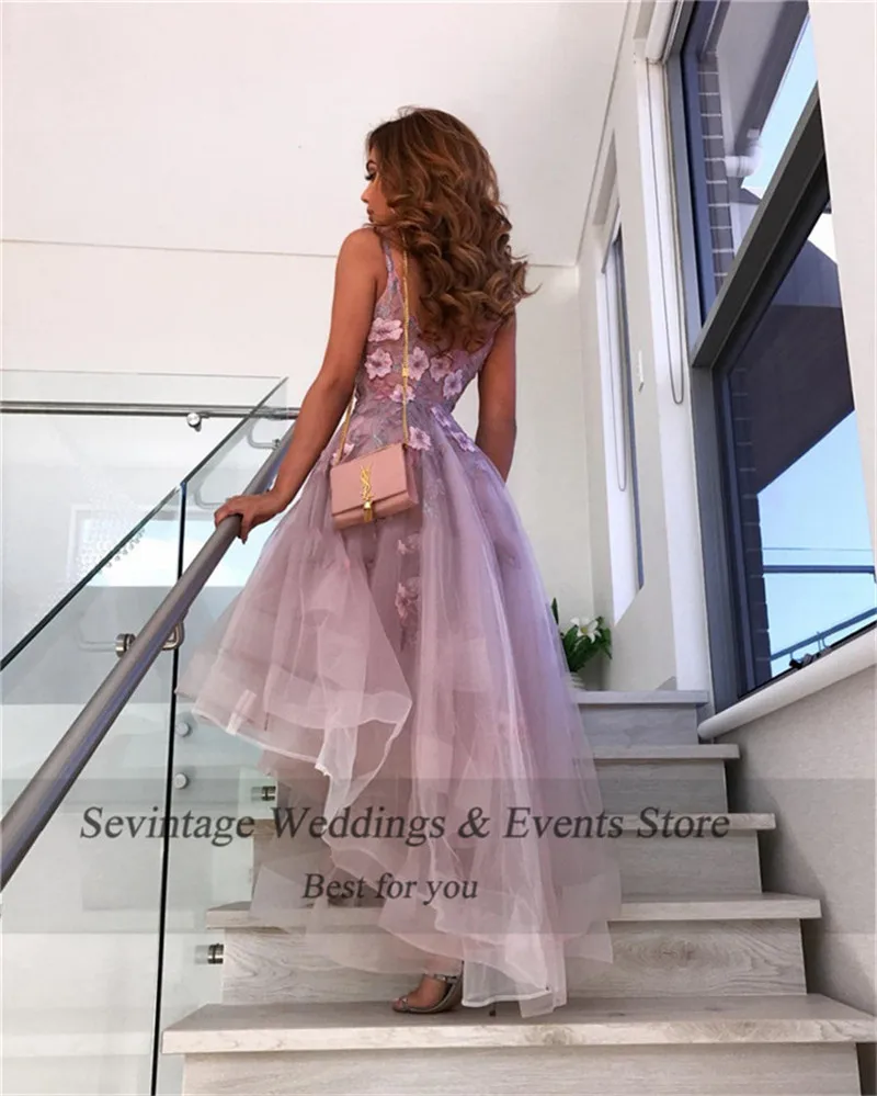 Sevintage Customized Lavender 3D Flower Cocktail Dresses High Low V Neck Lace Applique Vestidos De Gala Tulle Homecoming Gowns