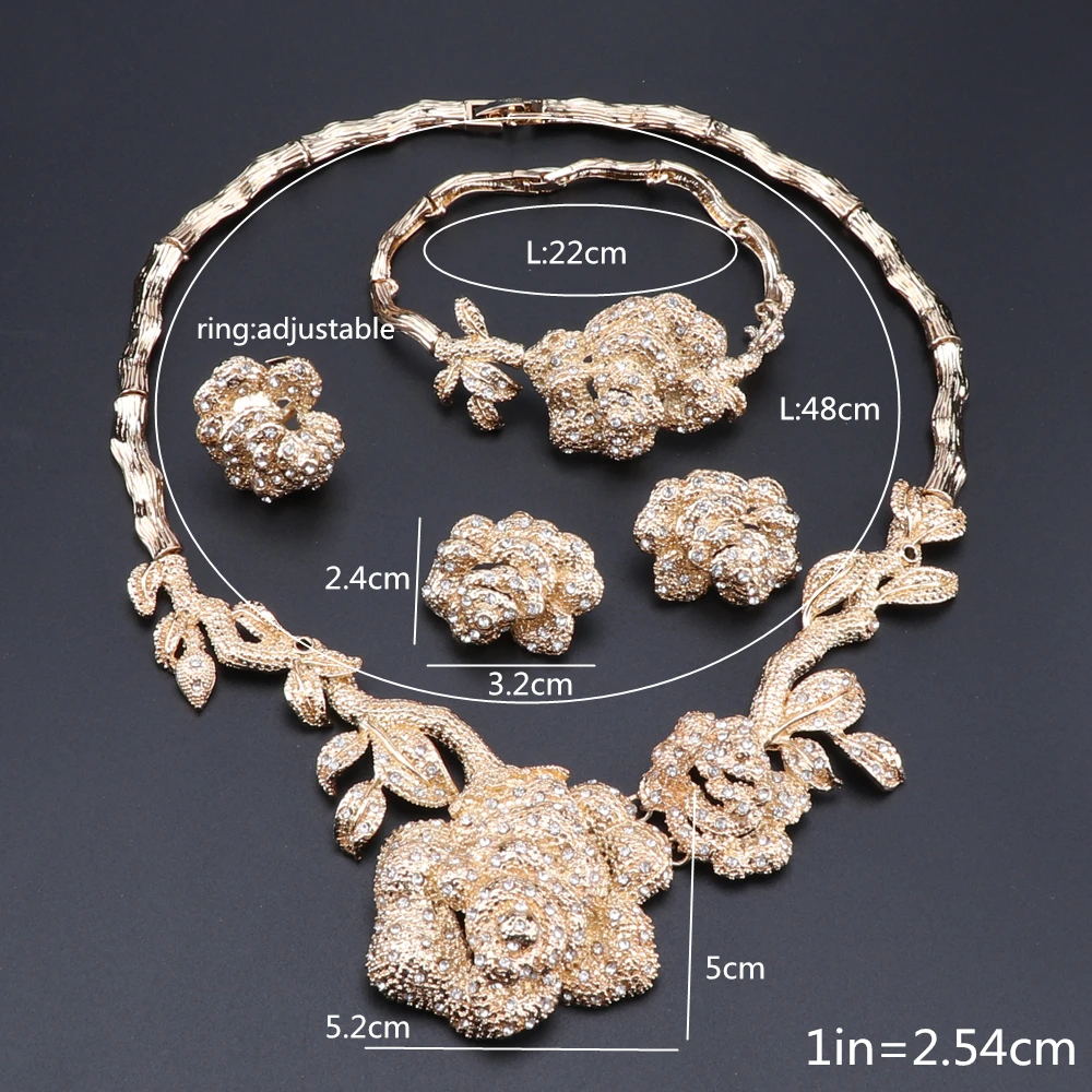 Women Luxury Dubai Gold Color Rose Flower Crystal Necklace Earring Ring Bracelet Wedding Accessories Decoration Jewelry Set