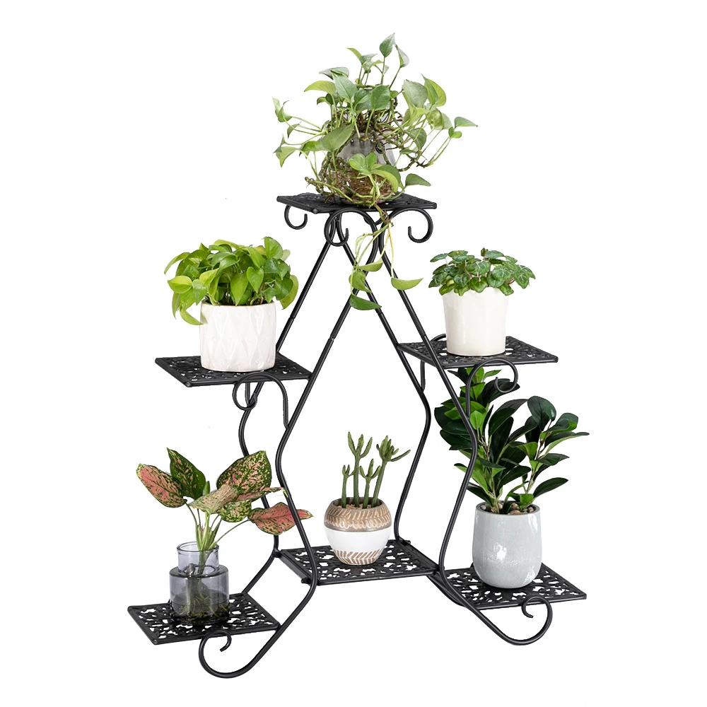 Artisasset One Black Paint 30.3 Inch High Pentagon 3 Layers 5 Seats Potted Plant Stand With Pattern Flower Stands Plant Rack