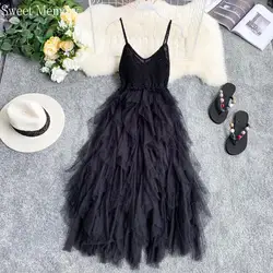 Sweet Memory Women Pink White Black Beige Blue Party Tulle Dress 2021 Summer Mesh Robe Empire Waist Pleated Cocktail Dresses