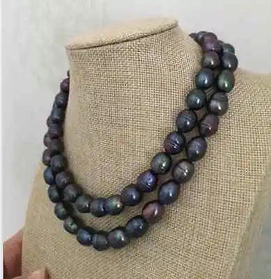 

2 rows 9-10mm tahitian baroque black green red pearl necklace 18"19"925s